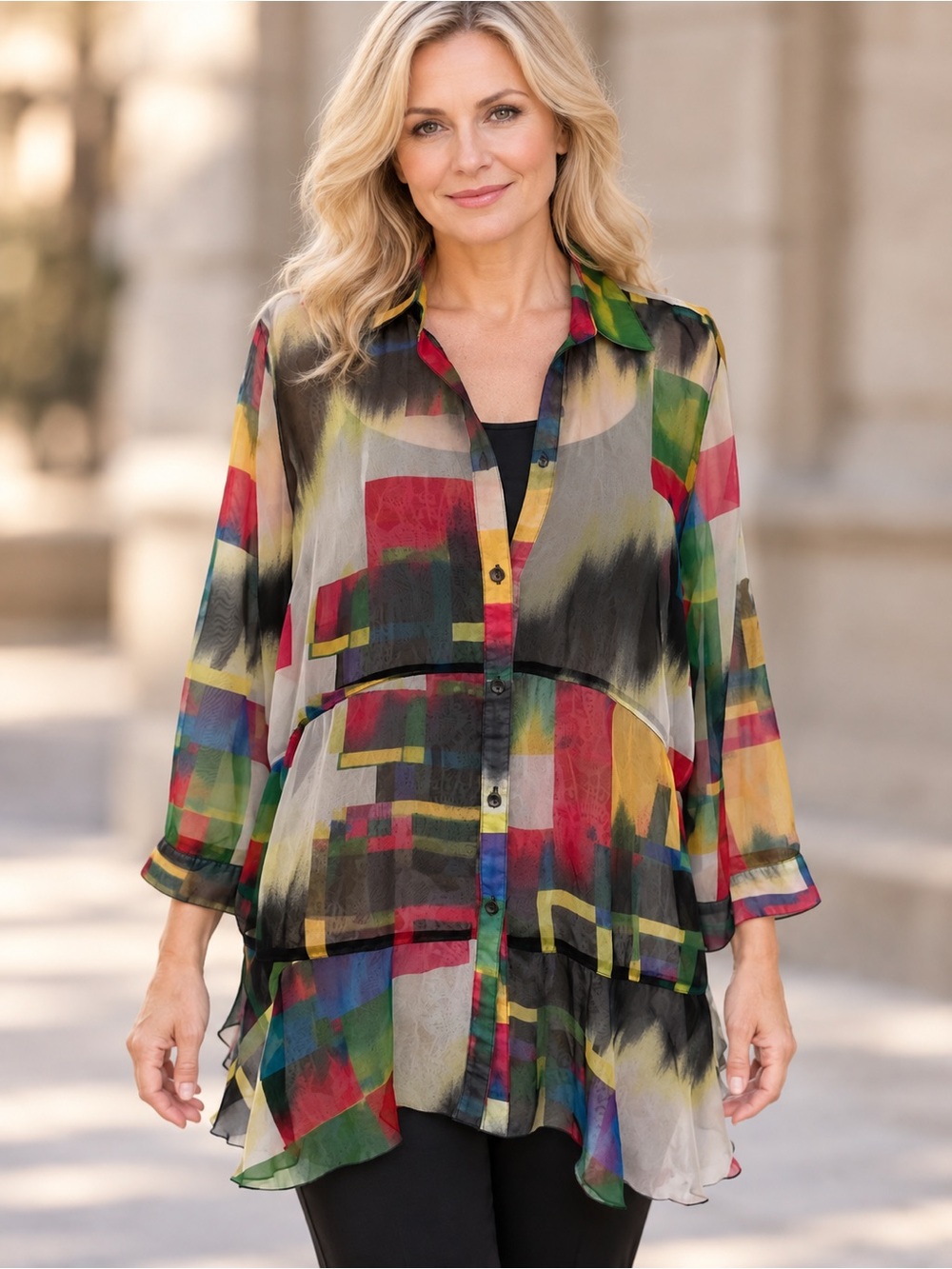 Ali Miles Abstract Patchwork Sheer Button Front Tunic Blouse L
